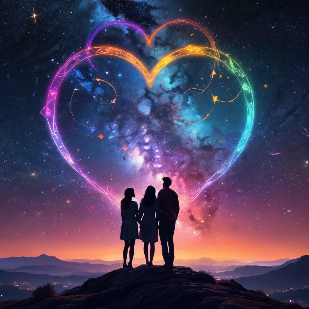 A mesmerizing celestial scene featuring vibrant zodiac symbols glowing against a starry night sky, intertwined with colorful, ethereal heart shapes. In the foreground, two silhouettes of people gazing at the stars, symbolizing connection and romance. Soft cosmic elements like swirling galaxies and shooting stars enhance the atmosphere of passion. super-realistic. vibrant colors. enchanting atmosphere.