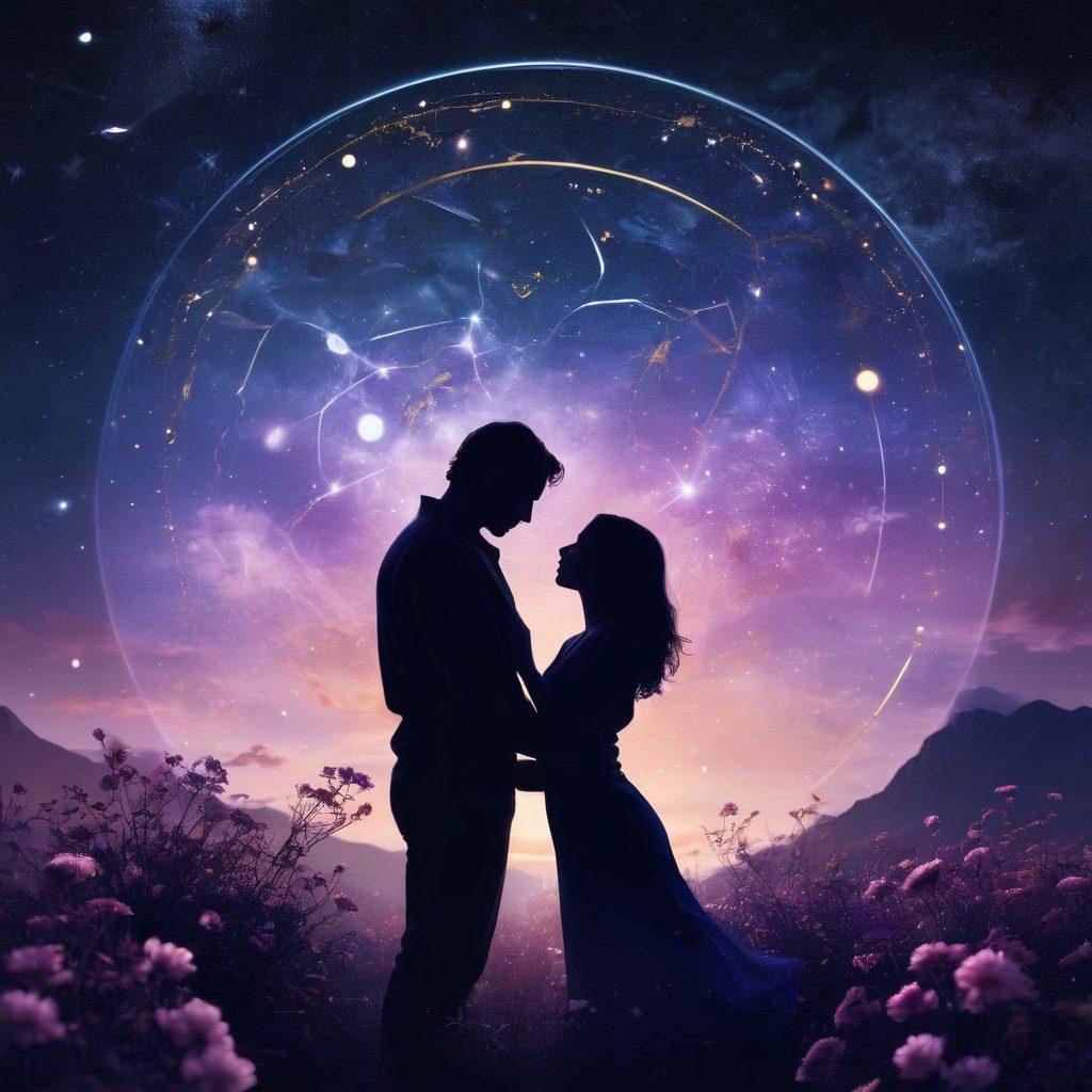 A romantic starlit night sky filled with constellations and zodiac symbols intertwined, with two silhouettes embracing under the constellations. Soft glowing orbs of light representing love and intimacy, surrounded by an ethereal aura. The foreground features delicate flowers that symbolize romance. The color scheme should include deep blues and purples blended with soft gold and silver accents. dreamy and mystical. vibrant colors. 3D.
