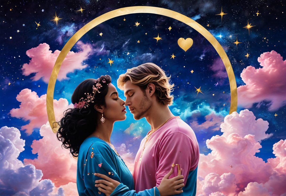 A cosmic scene featuring the twelve zodiac symbols intertwined with hearts and soft clouds, each symbol glowing softly against a starry sky. In the foreground, a couple gazes at the sky, radiant and deeply connected, embodying intimacy. Ethereal constellations shimmer above, representing different love languages linked to each zodiac sign. The color palette should be rich and dreamy with deep blues, purples, pinks, and golds. surreal. vibrant colors. celestial theme.